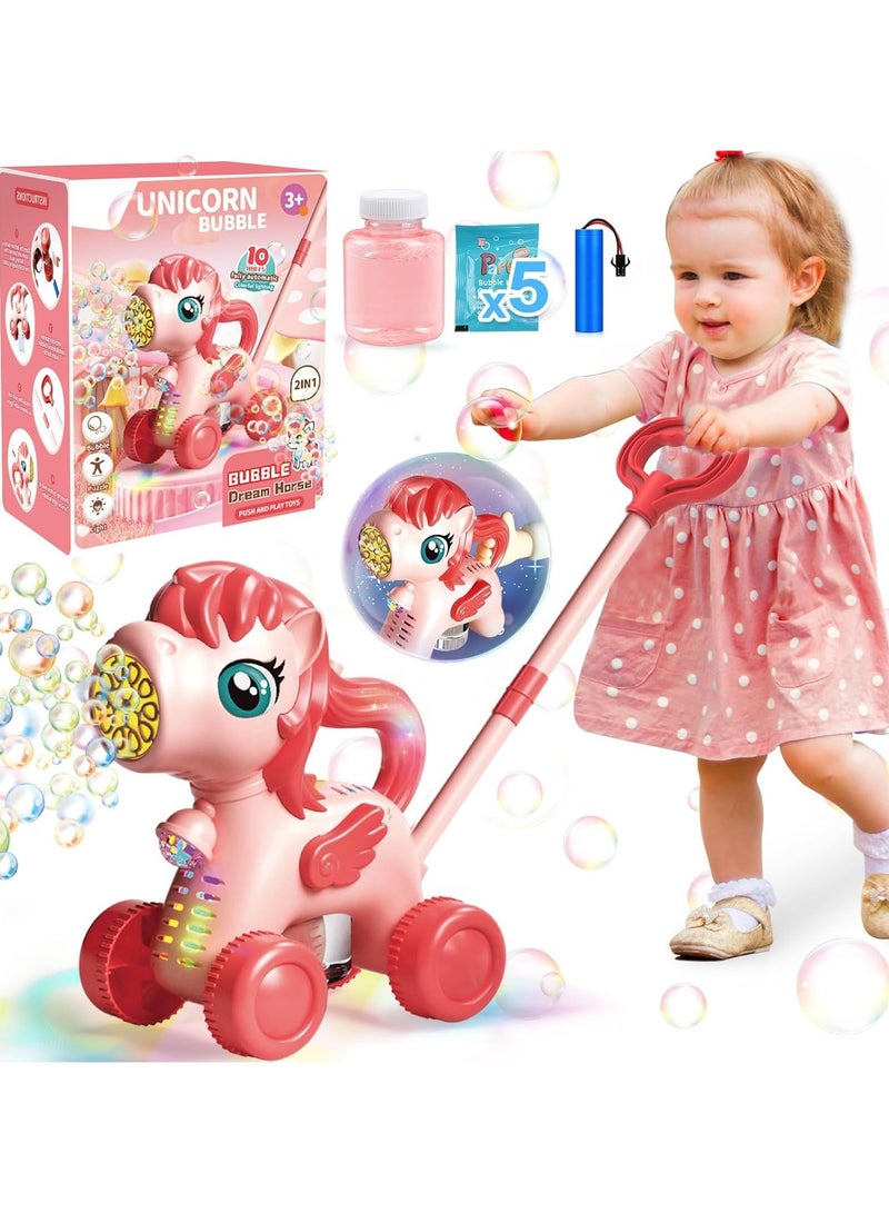 عربة جز العشب الفقاعية للأطفال - آلة فقاعات وحيد القرن: لعبة خارجية آمنة لعمر 3-5 سنوات مع إضاءة LED، هدية عيد ميلاد للبنات (حديقة/سفر/حفلات) - Image 1